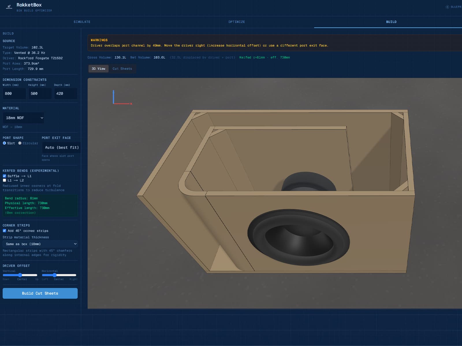 RokketBox 3D viewer showing a vented subwoofer enclosure with internal port routing, kerfed bends, and corner strips