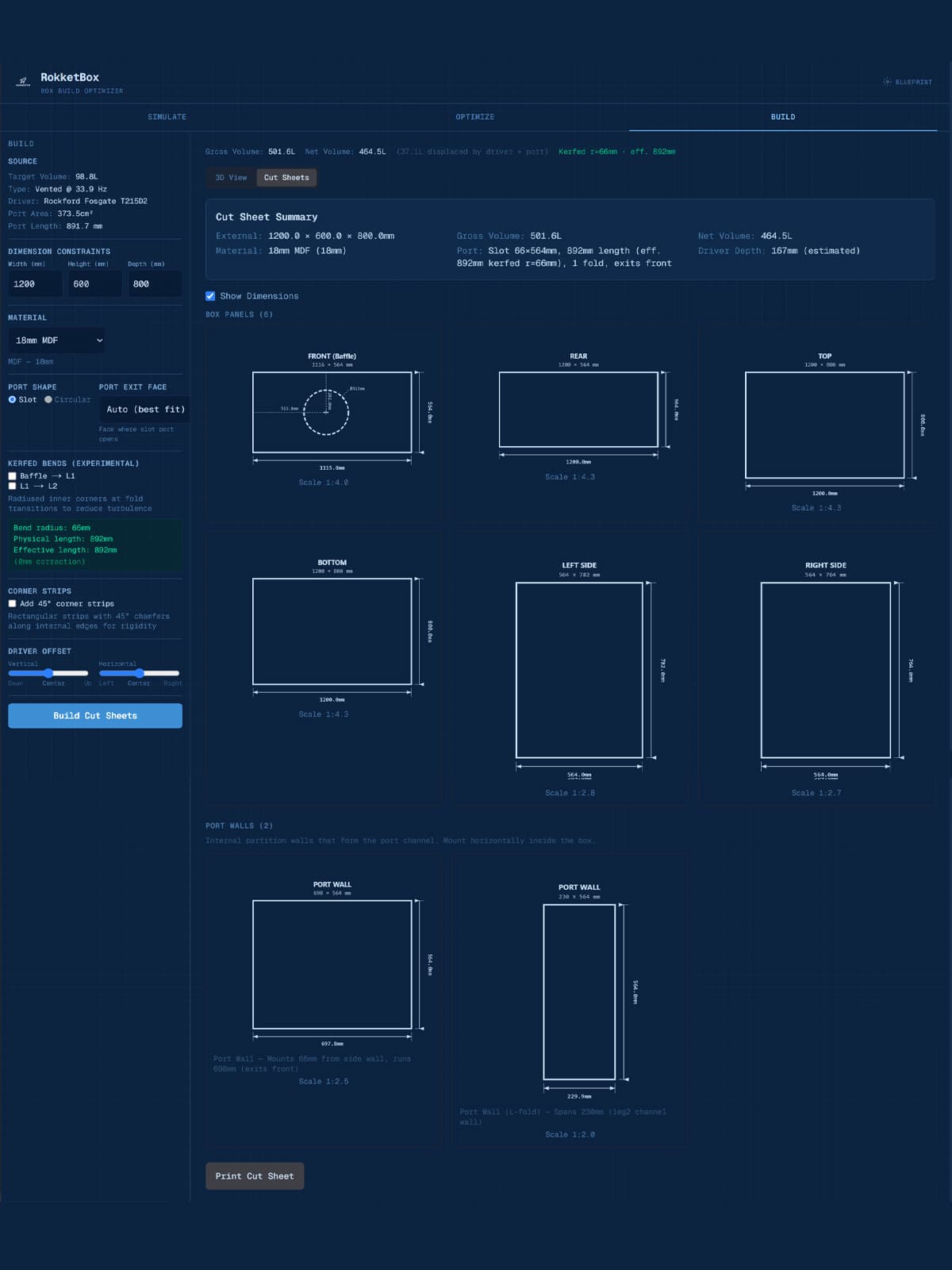 RokketBox cut sheet showing panel dimensions, port routing, and material list